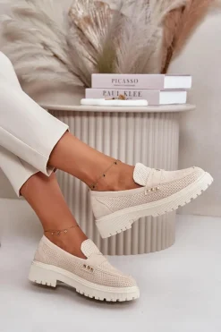 Discount Damskie Ażurowe Półbuty Mokasyny Jasnobeżowe Tannes Damskie Mokasyny Damskie Zamszowe