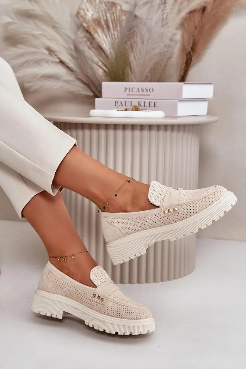 Discount Damskie Ażurowe Półbuty Mokasyny Jasnobeżowe Tannes Damskie Mokasyny Damskie Zamszowe