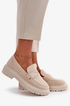 Discount Damskie Ażurowe Półbuty Mokasyny Jasnobeżowe Tannes Damskie Mokasyny Damskie Zamszowe