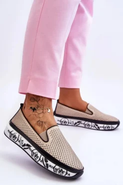 Sale Damskie buty S.Barski Damskie Ażurowe Skórzane Tenisówki Slip-On Beżowe Sorito