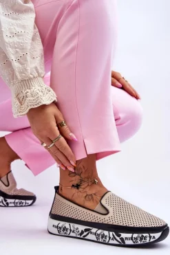 Sale Damskie buty S.Barski Damskie Ażurowe Skórzane Tenisówki Slip-On Beżowe Sorito