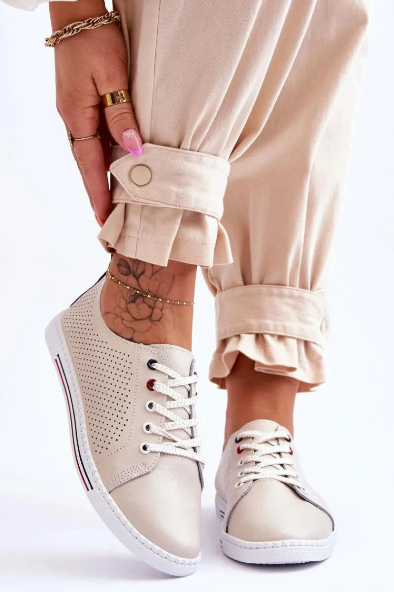 Trampki Damskie Niskie>Damskie buty S.Barski Damskie Ażurowe Skórzane Trampki Beżowe S.Barski LR952 Beżowy