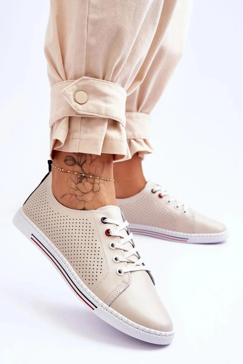 Trampki Damskie Niskie>Damskie buty S.Barski Damskie Ażurowe Skórzane Trampki Beżowe S.Barski LR952 Beżowy