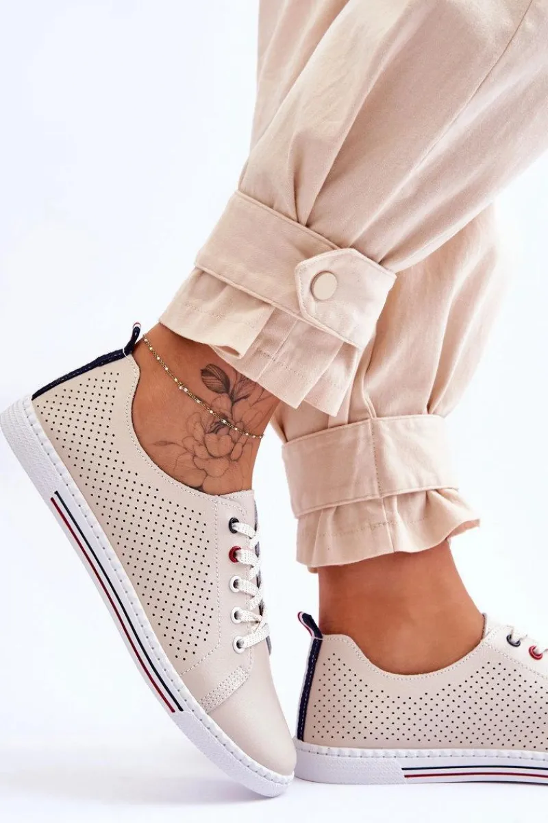 Trampki Damskie Niskie>Damskie buty S.Barski Damskie Ażurowe Skórzane Trampki Beżowe S.Barski LR952 Beżowy