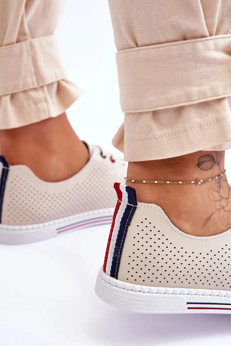 Trampki Damskie Niskie>Damskie buty S.Barski Damskie Ażurowe Skórzane Trampki Beżowe S.Barski LR952 Beżowy