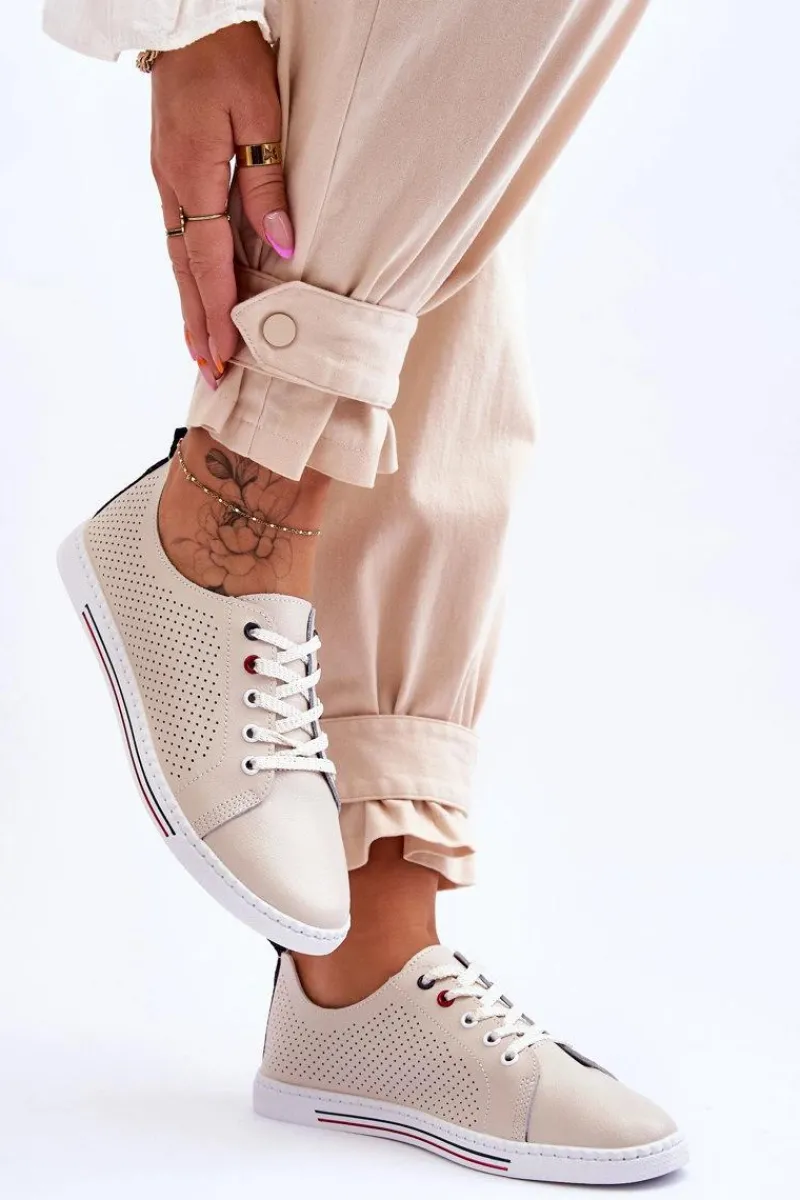 Trampki Damskie Niskie>Damskie buty S.Barski Damskie Ażurowe Skórzane Trampki Beżowe S.Barski LR952 Beżowy