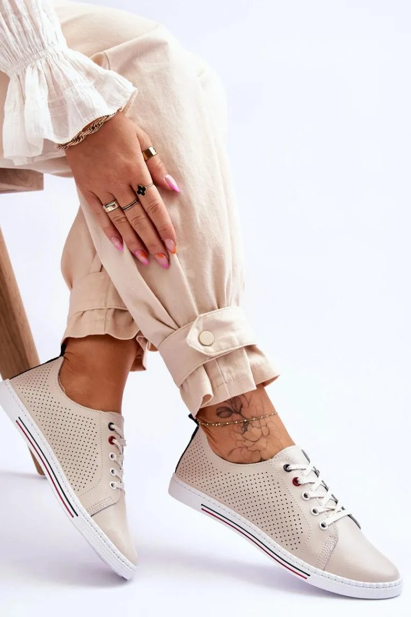 Trampki Damskie Niskie>Damskie buty S.Barski Damskie Ażurowe Skórzane Trampki Beżowe S.Barski LR952 Beżowy