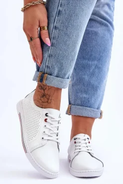 Clearance Damskie buty S.Barski Damskie Ażurowe Skórzane Trampki Białe S.Barski LR952
