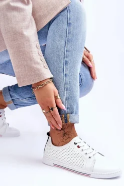 Clearance Damskie buty S.Barski Damskie Ażurowe Skórzane Trampki Białe S.Barski LR952