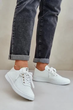 Boto Damskie Ażurowe Sznurowane Trampki Jasnobeżowe Carinel Beżowy