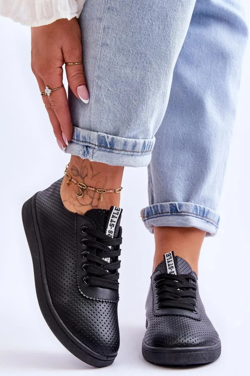 Hot Boto Damskie Ażurowe Sznurowane Trampki Czarne Carinel