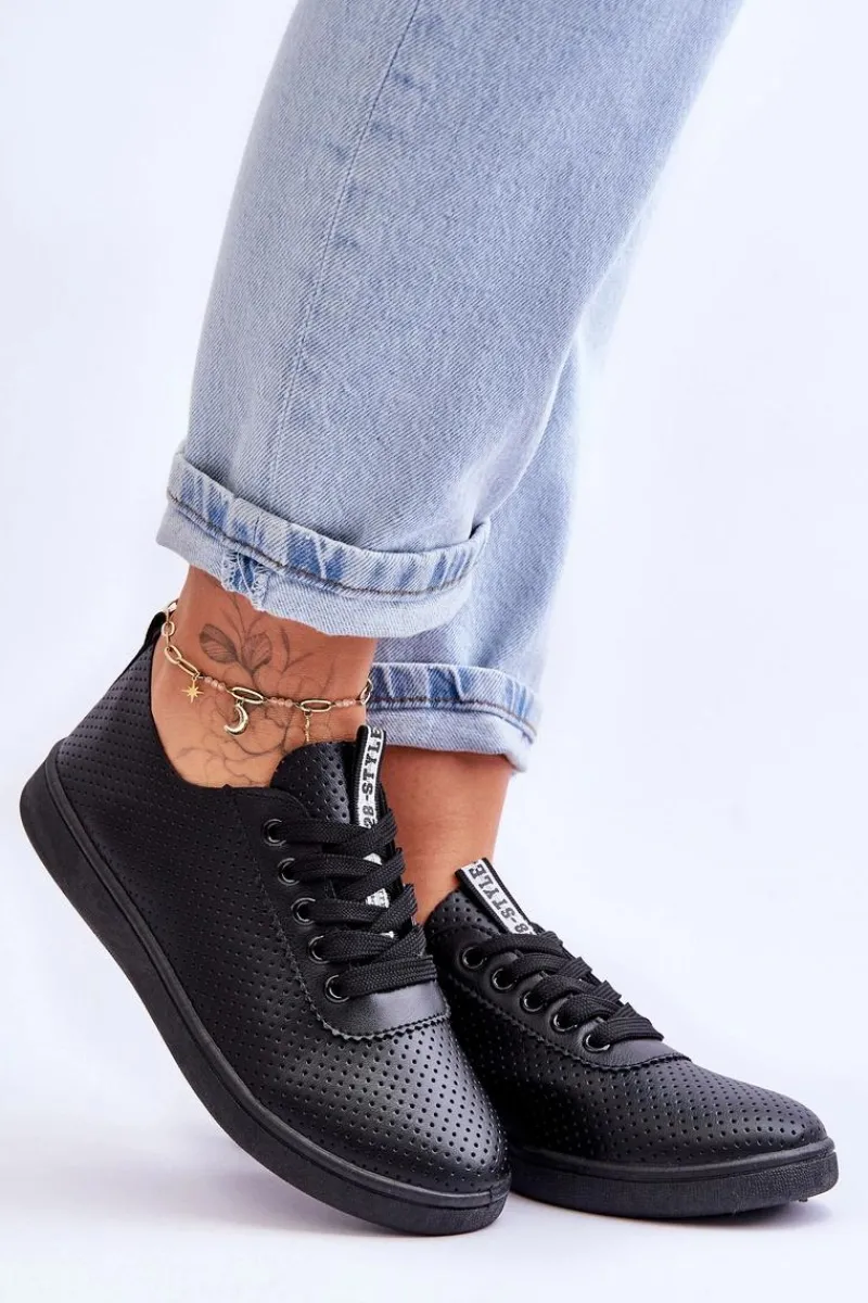 Hot Boto Damskie Ażurowe Sznurowane Trampki Czarne Carinel