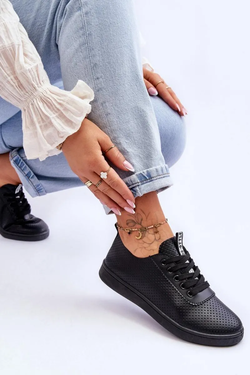 Hot Boto Damskie Ażurowe Sznurowane Trampki Czarne Carinel