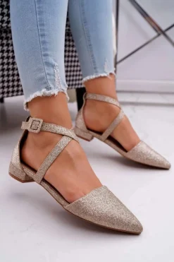 Online Damskie Balerinki Brokatowe w Szpic Złote Vontare Damskie Baleriny Klasyczne
