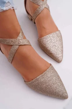 Online Damskie Balerinki Brokatowe w Szpic Złote Vontare Damskie Baleriny Klasyczne