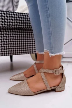 Online Damskie Balerinki Brokatowe w Szpic Złote Vontare Damskie Baleriny Klasyczne