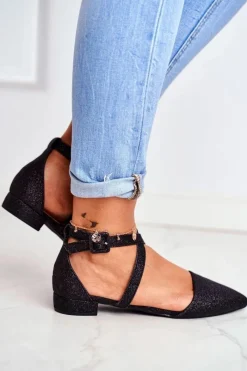 Baleriny Klasyczne></noscript>Boto Damskie Balerinki Brokatowe w Szpic Czarne Vontare