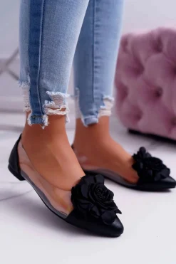 Baleriny Klasyczne>Boto Damskie Balerinki Lu Boo Czarne Z Kwiatem Transparentne Dairin