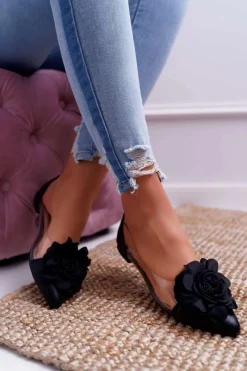 Baleriny Klasyczne></noscript>Boto Damskie Balerinki Lu Boo Czarne Z Kwiatem Transparentne Dairin