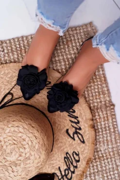 Baleriny Klasyczne></noscript>Boto Damskie Balerinki Lu Boo Czarne Z Kwiatem Transparentne Dairin