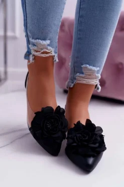 Baleriny Klasyczne></noscript>Boto Damskie Balerinki Lu Boo Czarne Z Kwiatem Transparentne Dairin