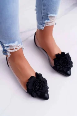 Baleriny Klasyczne></noscript>Boto Damskie Balerinki Lu Boo Czarne Z Kwiatem Transparentne Dairin