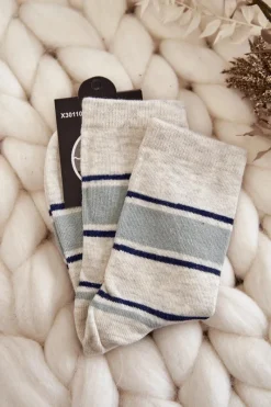 Skarpetki|Skarpetki>Just Play Damskie Bawełniane Klasyczne Skarpety W Pasy Beżowo-Zielone