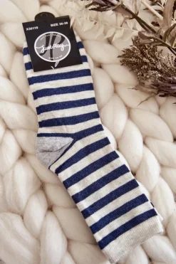 Skarpetki|Skarpetki>Just Play Damskie Bawełniane Klasyczne Skarpety W Paski Beżowo-Granatowe