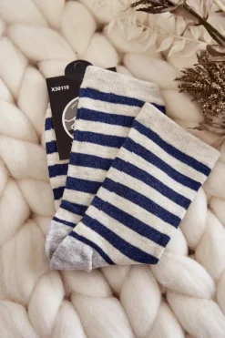 Skarpetki|Skarpetki>Just Play Damskie Bawełniane Klasyczne Skarpety W Paski Beżowo-Granatowe