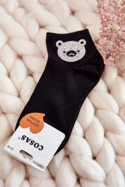 Outlet COSAS Damskie Bawełniane Skarpetki Z Misiem Czarne