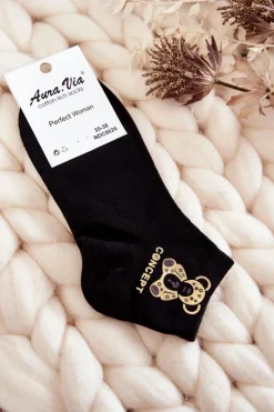 Skarpetki|Skarpetki>Aura.via Damskie Bawełniane Skarpetki Ze Złotym Misiem Czarne