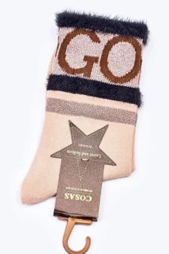 Discount COSAS Damskie Bawełniane Skarpetki GO-GO Z Futerkiem Beżowe
