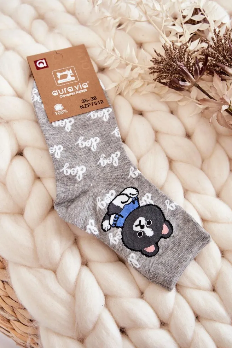 Online Aura.via Damskie Bawełniane Skarpetki Piesek Jasnoszare