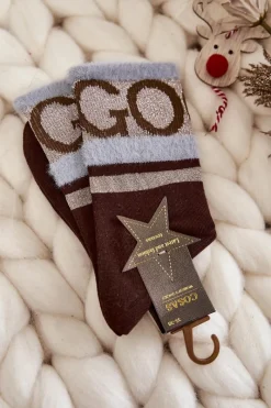 Outlet COSAS Damskie Bawełniane Skarpetki GO-GO Z Futerkiem Brązowe