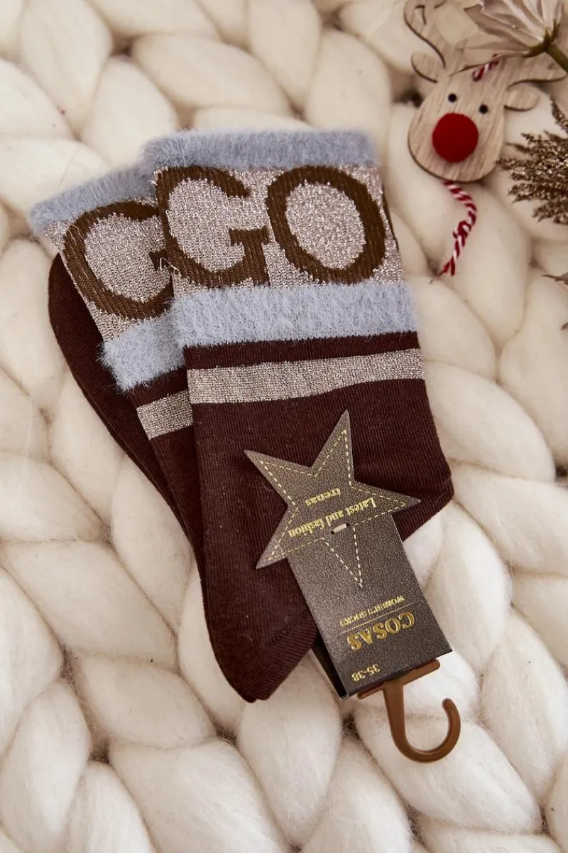 Outlet COSAS Damskie Bawełniane Skarpetki GO-GO Z Futerkiem Brązowe