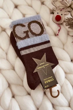 Outlet COSAS Damskie Bawełniane Skarpetki GO-GO Z Futerkiem Brązowe