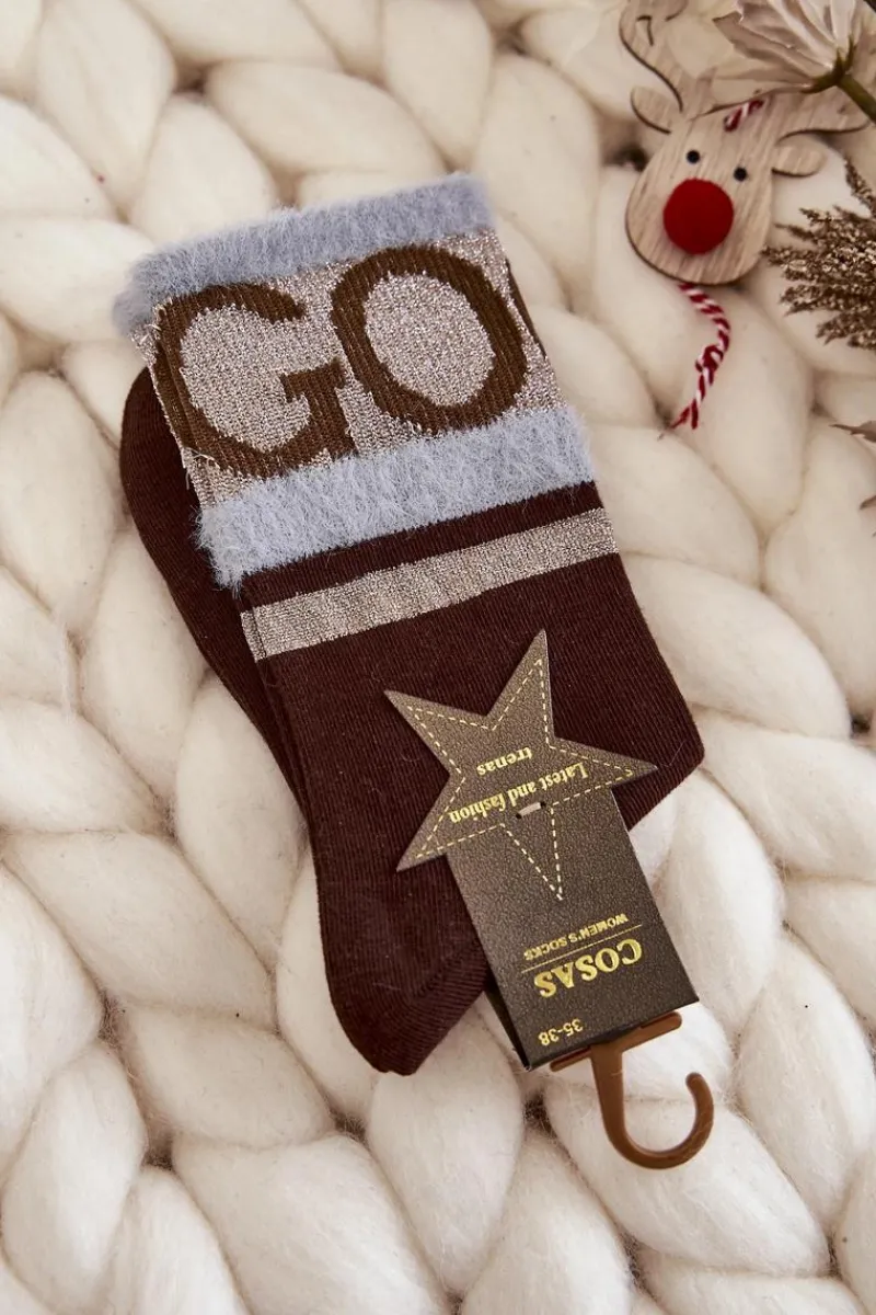Outlet COSAS Damskie Bawełniane Skarpetki GO-GO Z Futerkiem Brązowe