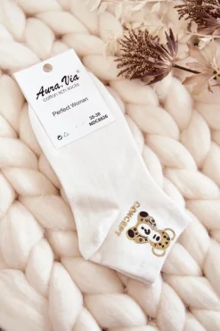 Skarpetki|Skarpetki>Aura.via Damskie Bawełniane Skarpetki Ze Złotym Misiem Kremowe