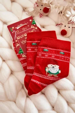 Online Aura.via Damskie Bawełniane Świąteczne Skarpety Skrzaty Czerwone