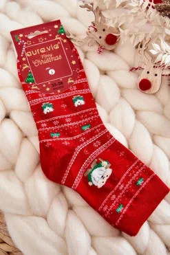 Online Aura.via Damskie Bawełniane Świąteczne Skarpety Skrzaty Czerwone