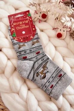 Skarpetki|Skarpetki>Aura.via Damskie Bawełniane Świąteczne Skarpety Renifery Szare