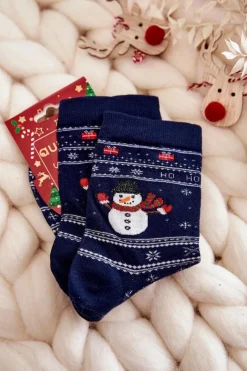 Skarpetki|Skarpetki>Aura.via Damskie Bawełniane Świąteczne Skarpety Bałwanki Granatowe