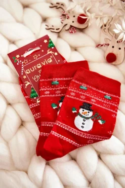 New Aura.via Damskie Bawełniane Świąteczne Skarpety Bałwanki Czerwone