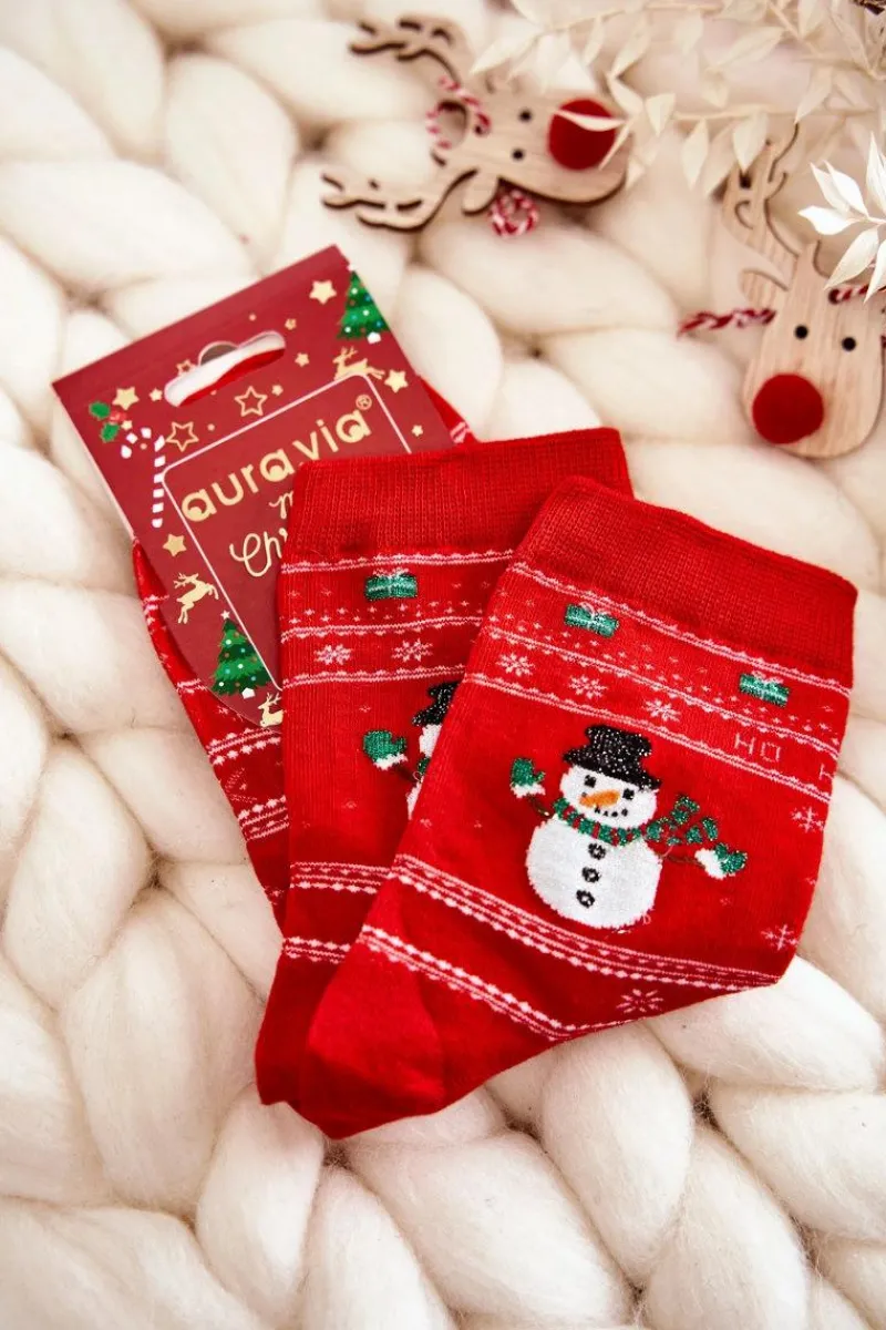 New Aura.via Damskie Bawełniane Świąteczne Skarpety Bałwanki Czerwone