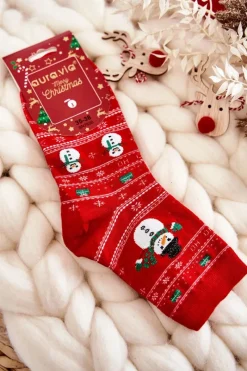 New Aura.via Damskie Bawełniane Świąteczne Skarpety Bałwanki Czerwone