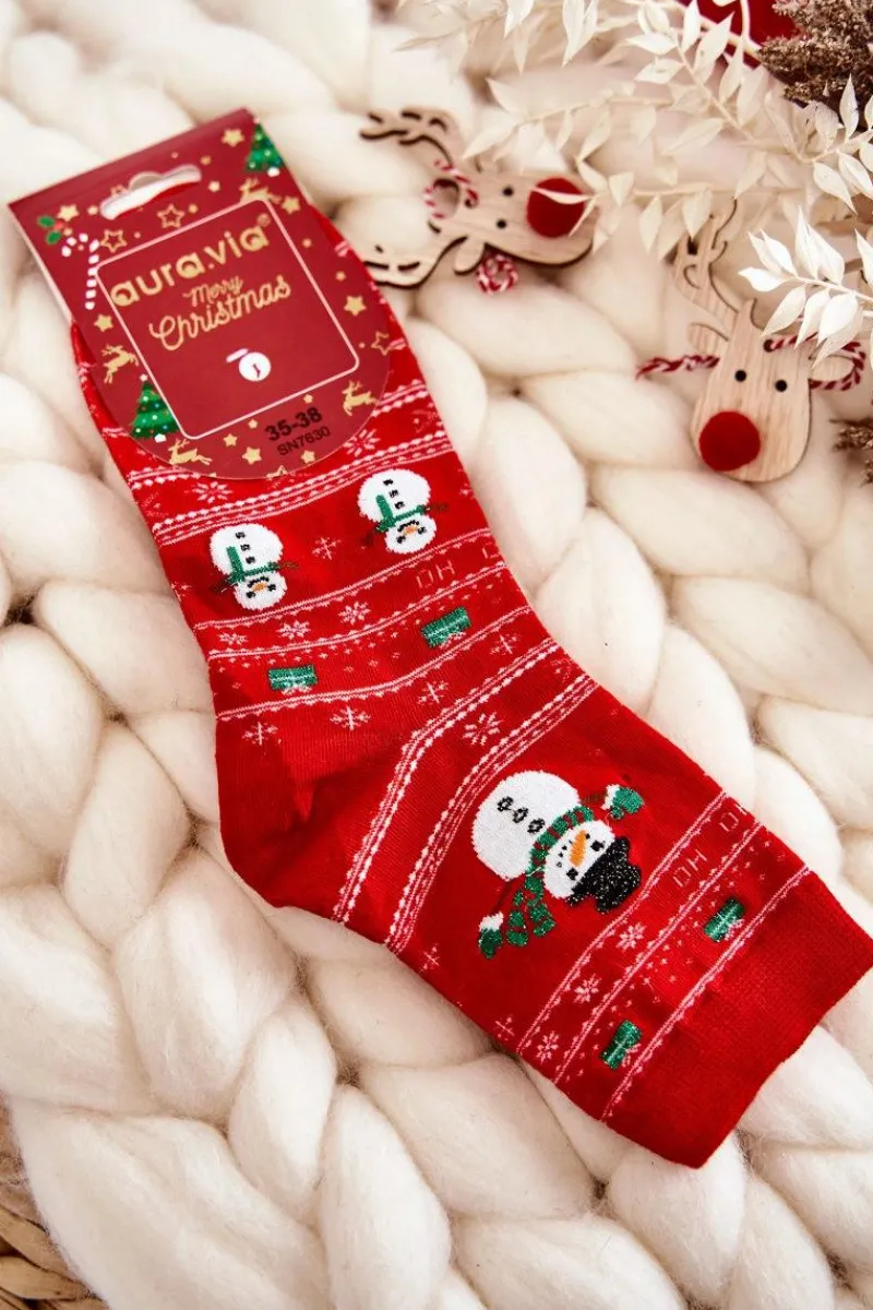 New Aura.via Damskie Bawełniane Świąteczne Skarpety Bałwanki Czerwone