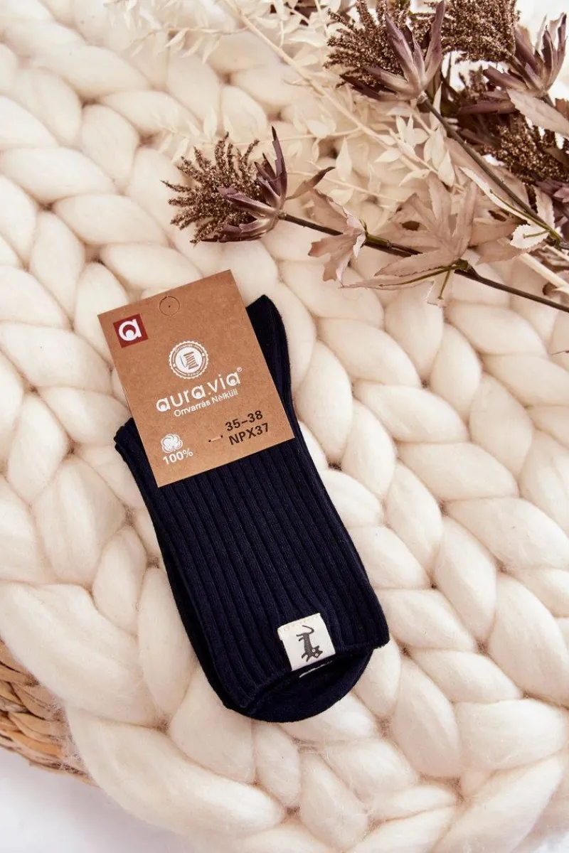 New Aura.via Damskie Bezuciskowe Prążkowane Skarpetki Granatowe