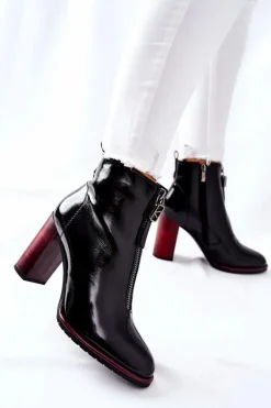 Outlet Damskie Botki Czarne Lakierowane na Słupku Cofton Damskie Botki Na Słupku|Czarne Botki