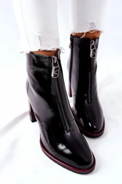 Outlet Damskie Botki Czarne Lakierowane na Słupku Cofton Damskie Botki Na Słupku|Czarne Botki