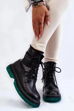 Botki Ocieplane|Botki Sznurowane>Evento Damskie Botki Glany Sznurowane Z Zieloną Podeszwą Czarne Trinah